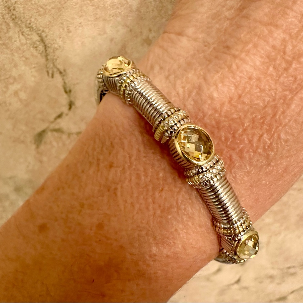 Judith Ripka Two Triple Oval Canary Quartz and Diamond Cuff Bracelet 925/18k